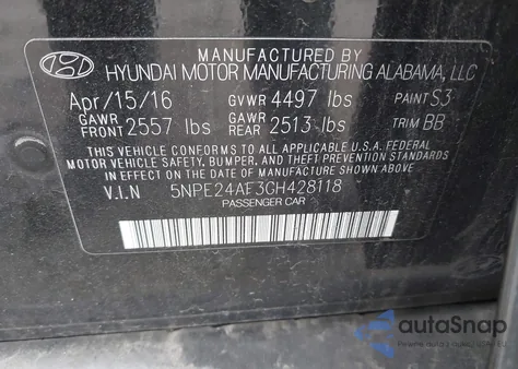 2016 Hyundai Sonata Se z USA, uszkodzony, nr VIN 5NPE24AF3GH428118